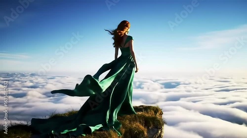 Woman in green dress on mountaintop, cloudscape background, fantasy fashion