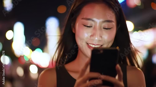 Woman smiles, using phone, city night, bokeh