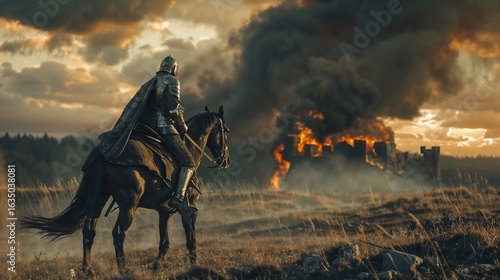 Hooded figure on horseback surveys burning a village with castle landscape during wartime conflict, creating dramatic silhouette against smoky apocalyptic battlefield scene.  Epic medieval warrior