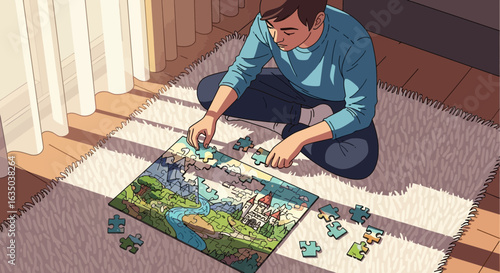 Man Enjoying Leisure Time Completing Jigsaw Puzzle At Home Sunlight