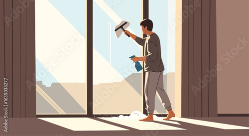 Man Cleaning Windows With Squeegee At Home On Sunny Day