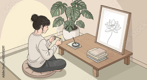 Woman Relaxes At Home Lighting Incense Stick In Serene Environment