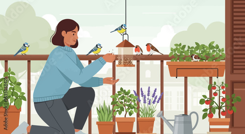 Balcony Garden Serenity Woman Feeding Birds With Potted Plants