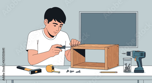 Man Assembling Furniture At Home In Minimalist Line Art Style