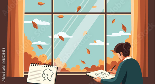 Autumnal Inspiration Young Artist Drawing Leaves Falling Outside Window