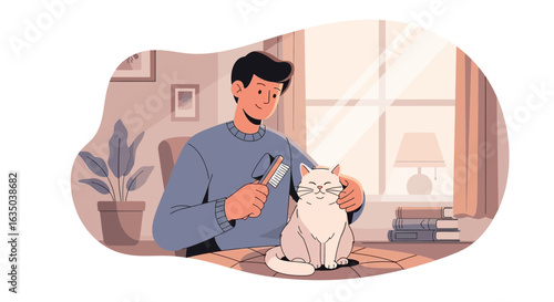 Man Grooming Pet Cat With Brush At Home Interior Scene