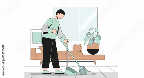 Man Sweeping Floor In Living Room With Minimalist Interior Design