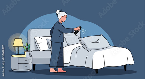 Woman Sprays Pillow With Scented Mist Before Bedtime In Bedroom
