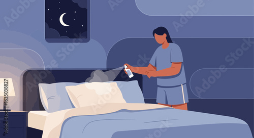 Woman Sprays Pillow with Sleep Mist for Relaxation Before Bedtime