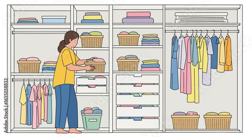 Woman Organizing Closet Filled With Clothing And Storage Baskets