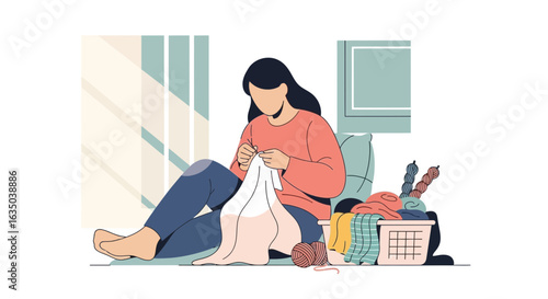 Woman Knitting At Home Relaxing Hobby Creative Wellbeing Lifestyle