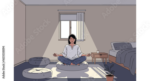 Woman Practicing Mindfulness Meditation in a Sunlit Room for Inner Peace