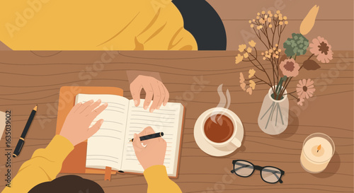 Cozy Morning Scene With Writing Journal And Coffee Cup Flat Lay