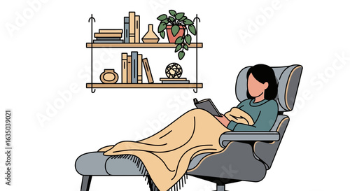 Woman Relaxing At Home Reading With Book Under Blanket On Chair