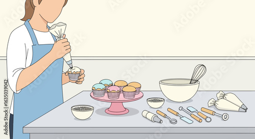 Woman Decorating Cupcakes With Frosting On Table Background