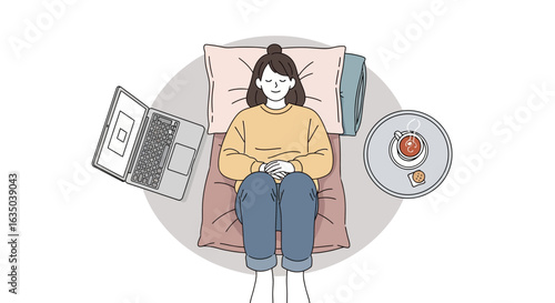 Cozy Afternoon Relaxing With Laptop Coffee Illustration