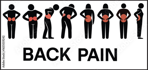 Back Pain People Silhouettes Set - Lower Spine Ache Posture Problems Medical Health Vector Icons