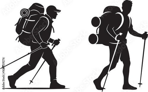 Vector art of two hikers with backpacks and trekking poles walking in silhouette isolated on white background