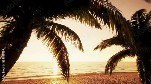Tropical beach sunset, palm trees swaying, ocean calm, travel poster