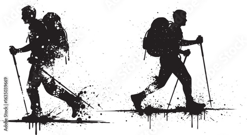 Vector art of silhouette of a hiker with a backpack and trekking poles, isolated on white background