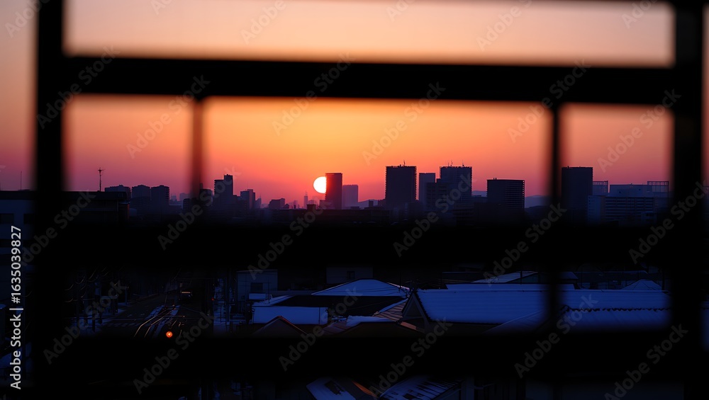Obraz premium City skyline silhouetted against a fiery sunset through a window