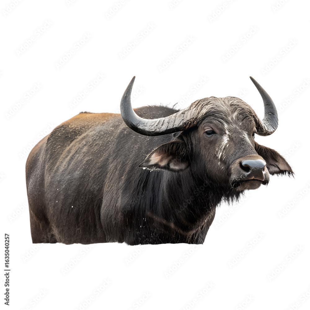 Naklejka premium A close-up of a water buffalo with large curved horns. The animal has a dark coat and a calm expression, set against a black background.