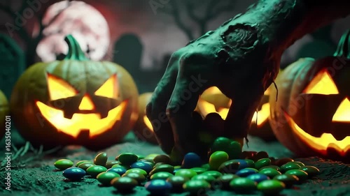 Zombie hand takes candy near pumpkins, graveyard backdrop; Halloween