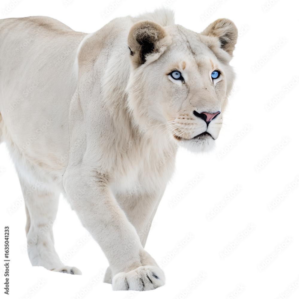 Obraz premium A white lion with striking blue eyes walks gracefully. Its fur is pale and fluffy, showcasing its majestic presence in a dark background.