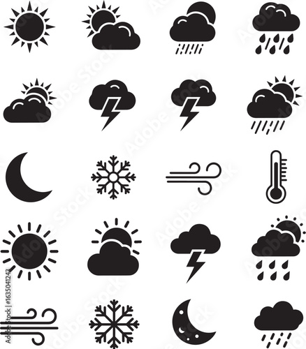 Vector art of set of weather icons including sun, clouds, rain, snow, and wind isolated on white background