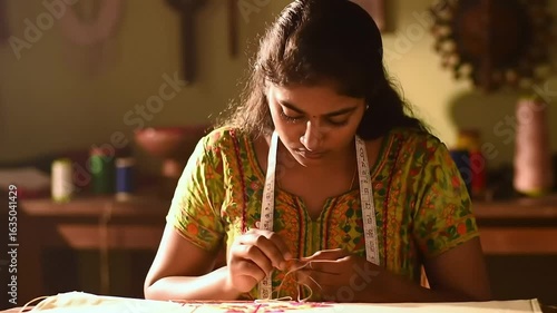 Woman sewing fabric at home, threads & tools nearby