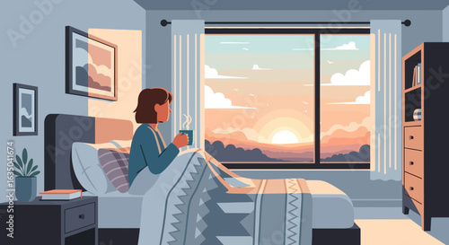 Morning Serenity Woman Enjoys Sunrise With Coffee In Bedroom