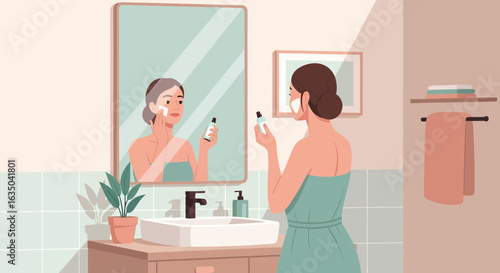 Woman's Morning Skincare Routine at Home in Minimalist Illustration