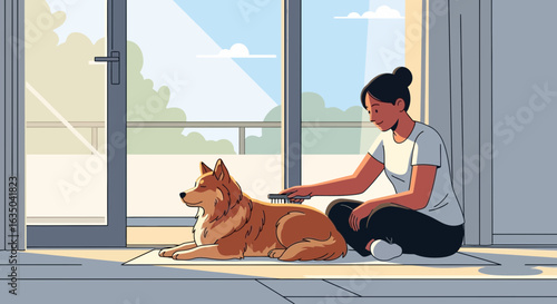 Woman Brushing Her Dog Inside a Modern Home on a Sunny Day