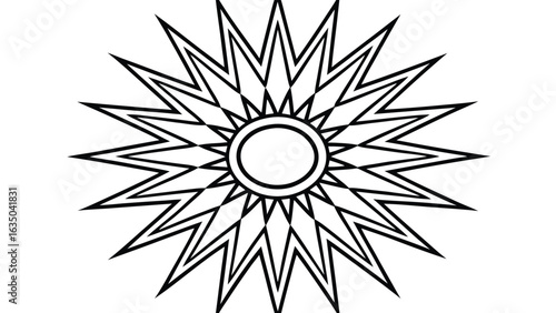 Geometric starburst design with sharp triangular rays emanating from a central double circle shape