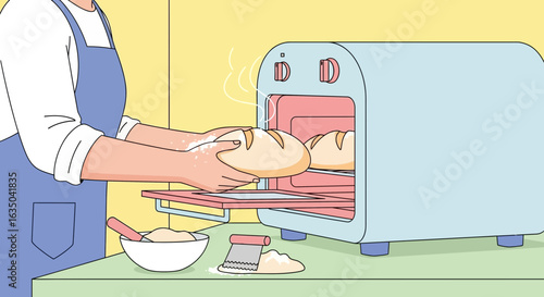 Freshly Baked Bread In Oven Cartoon Illustration Style
