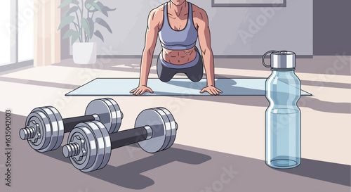 Woman Workout Training Body With Dumbbells And Bottle of Water