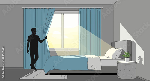 Man Opens Curtains Revealing Morning Light In Bedroom Illustration