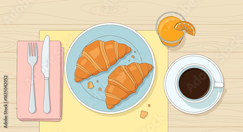 Delicious Croissants Served with Coffee And Orange Juice Illustration