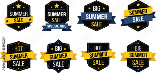 Set of summer sale badges. Summer sale special offer, Hot Summer Sale, Summer sale limited time, with bold text and ribbon elements perfect for hot discount campaigns promotional marketing banners ret
