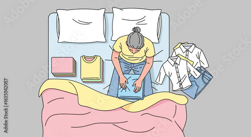Woman Folding Clothes On Bed For Laundry Chore Illustration