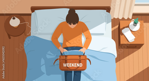 Woman Preparing For Weekend Getaway At Home Illustration