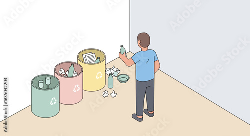 Person Sorting Waste Into Color Coded Recycling Bins Illustration