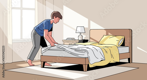 Boy Making Bed In The Morning Light At Home Illustration