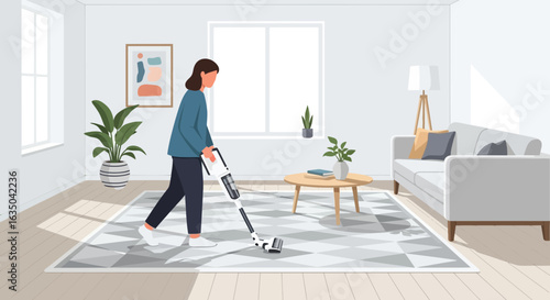 Woman Vacuuming Living Room With Cordless Stick Vacuum Cleaner