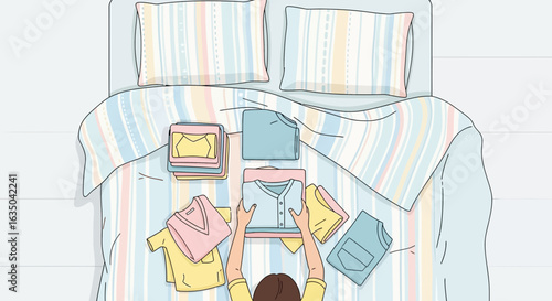 Neatly Arranging Clothes On Bed In Bedroom With Minimalistic Style