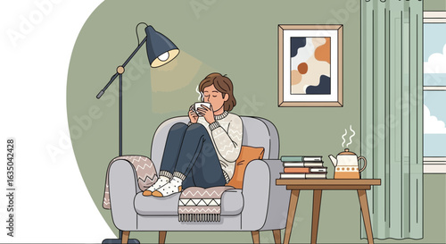 Woman Enjoying Hot Drink In Cozy Home Interior Illustration