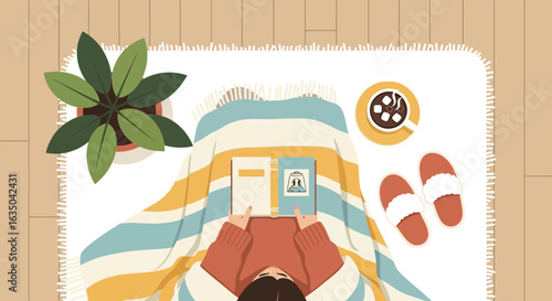 Cozy Reading Time Flat Lay With Hot Chocolate And Houseplant