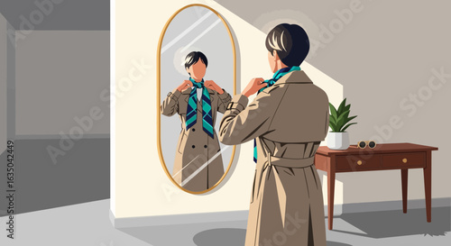 Stylish Person Tying Scarf in Mirror Before Heading Out for the Day