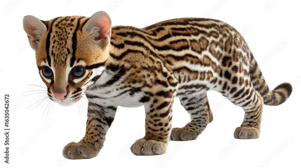 Obraz premium Ocelot in Focus: A captivating ocelot gracefully walks, its striking coat pattern and curious gaze drawing the viewer's eye.