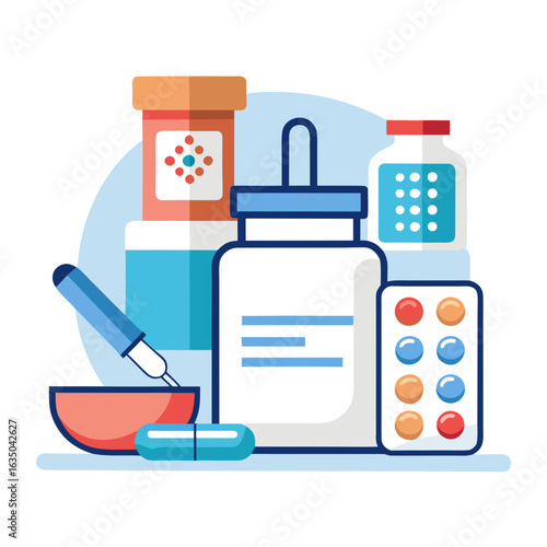 Minimalist Pharmacy Counter with Medicine Bottles and Mortar Pestle